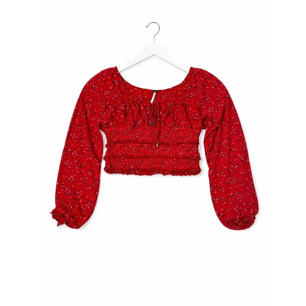 Free People Red Floral Smocked Crop Top Boho Peasant Blouse Puff Sleeve Top S